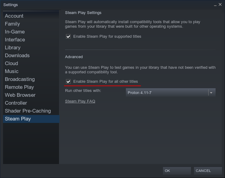 Enable Steam play for all other titles
