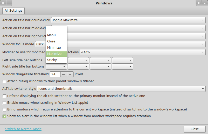 Editing muffin buttons layout in Cinnamon windows settings