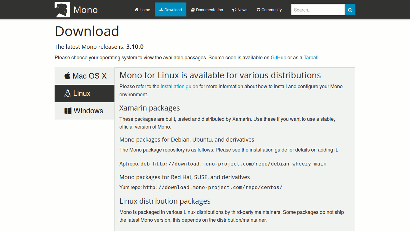 Xamarin Mono downloads page